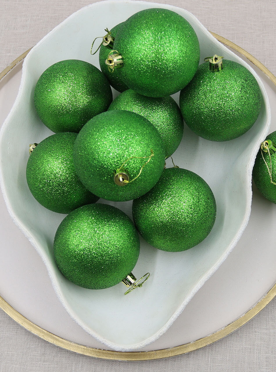 Green Christmas Baubles 80mm Glitter 24 Pack